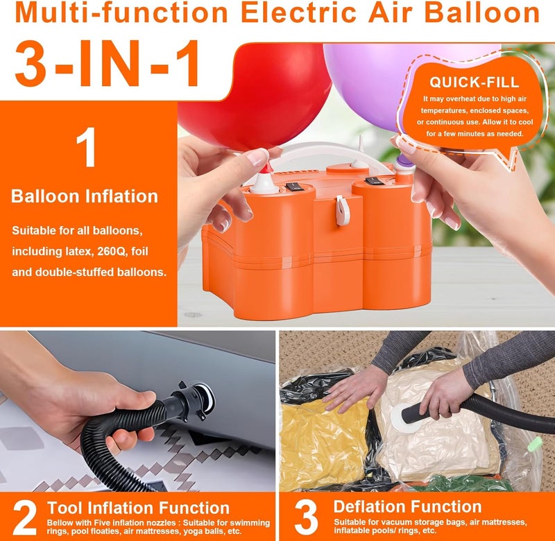 FLSEPAMB Electric Balloon Pump, 3-in-1 Portable Electric Air Balloon Blower Machine Balloon Pump 2 Motor Dual Nozzle Balloon Inflator for Latex 260Q Long Foil Balloons Swimming Rings Air Beds - Image 2